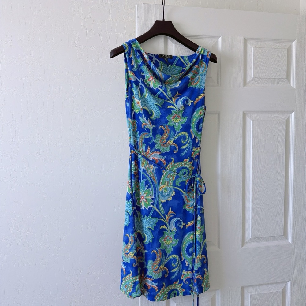 Ralph Lauren Blue & Green Paisley Sleeveless Wrap Dress